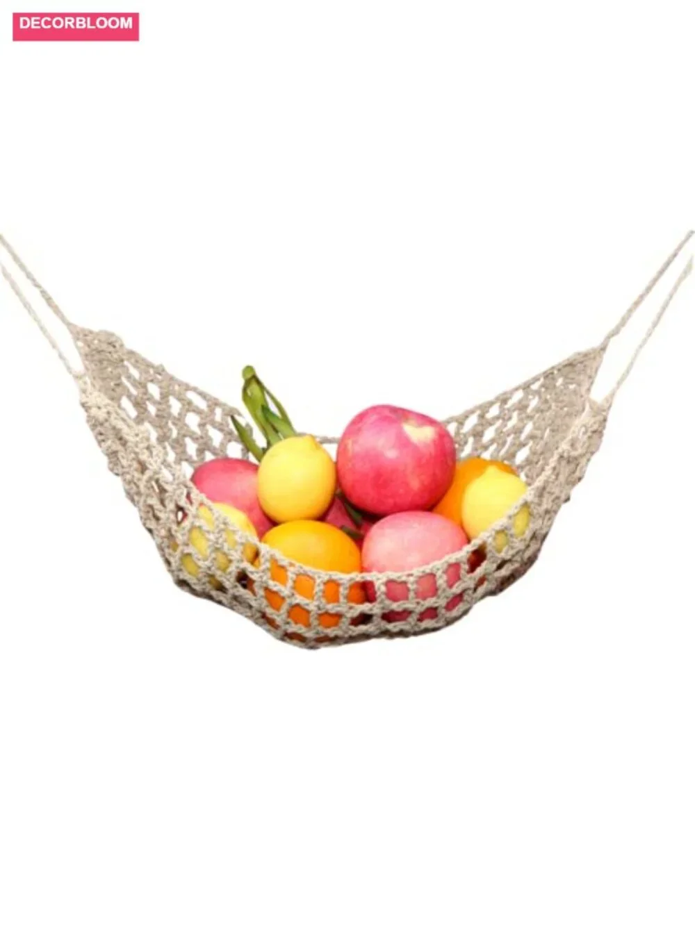 Large Macrame Fruit Hammock for Kitchen Under Cabinet Storage with 4 Hooks